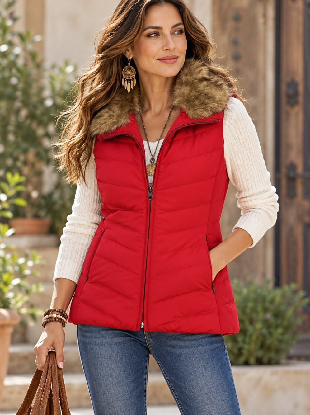 Women's Red Quilted Puffer Vest with Faux Fur Collar Size M Removable Collor